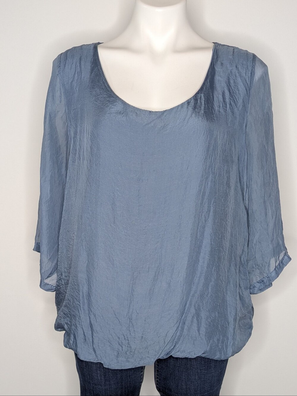 Prontomoda Giusy Blue 3/4 Sleeve Casual Lagenlook Silk Blouse M